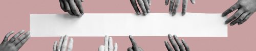 diverse-hands-touching-white-paper-mockup-pink-wallpaper